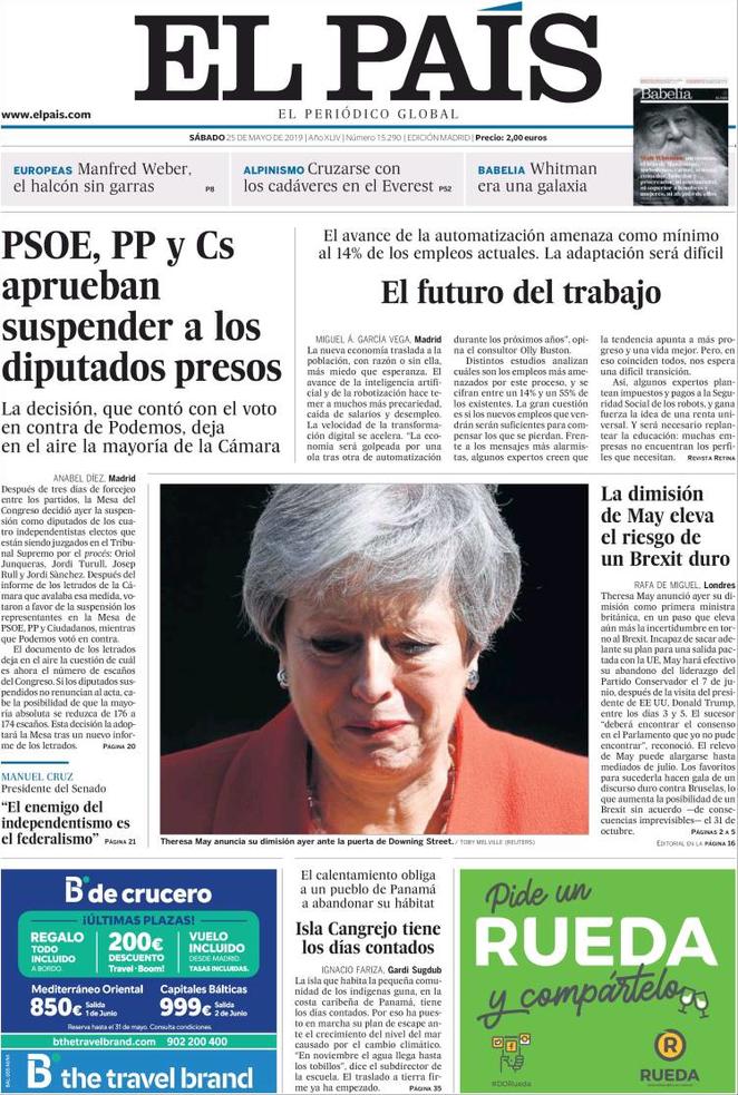 Rassegna delle prime pagine dei principali giornali esteri in edicola di oggi 25 maggio 2019